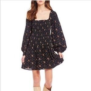 Free People Two Faces Dress Women L Black Mini Floral Print Smocked Boho Flutter